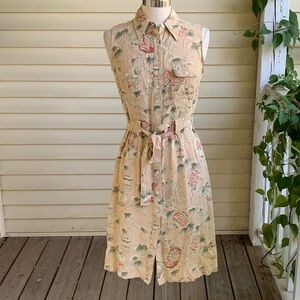 Vtg April Cornell Sleeveless Shirt Dress XS Peach Garden Lantern Print Rayon
